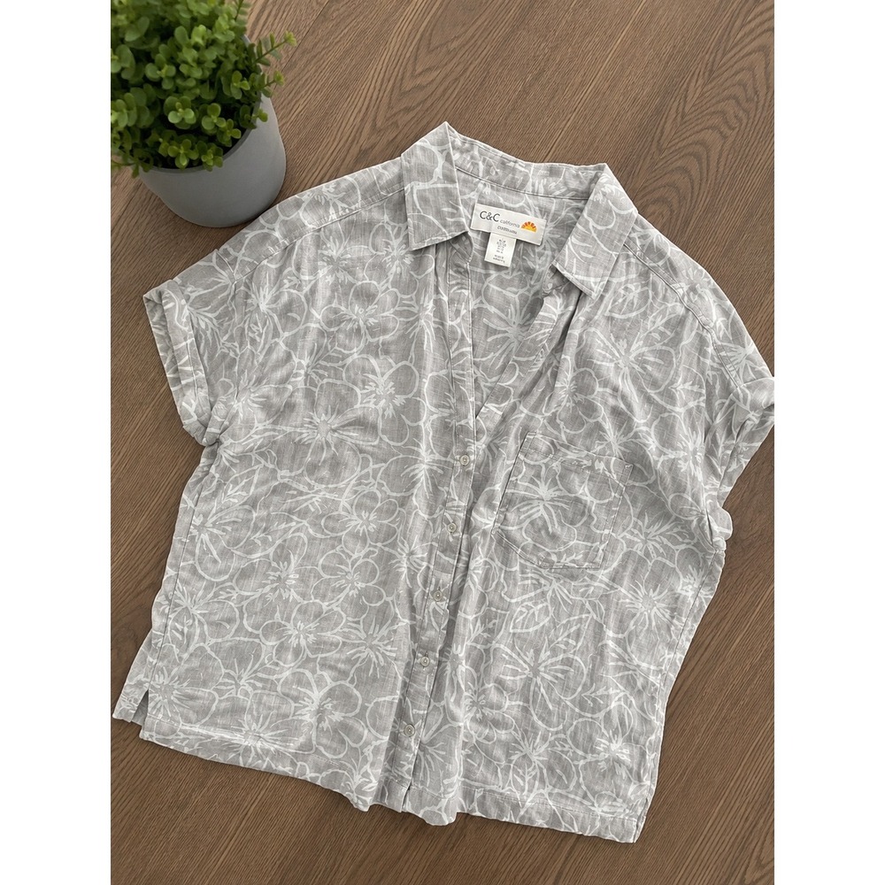 C&C California Womens Grey White Floral 100% Linen Button Down Shirt Size S